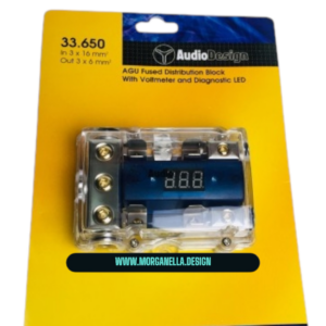 PORTAFUSIBILE CON VOLTMETRO AUTO IMPIANTO STEREO 3 INGRESSI 16mm 2 USCITE 6mm AUDIO DESIGN